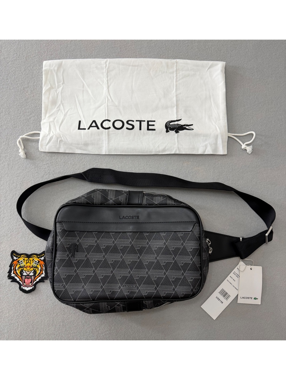 256/4105 Lacoste The Blend Monogram Body Bag Black Gray NWT MSRP $158
